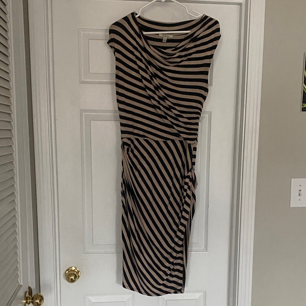Bordeaux Striped Draped Midi Dress in Beige and Black